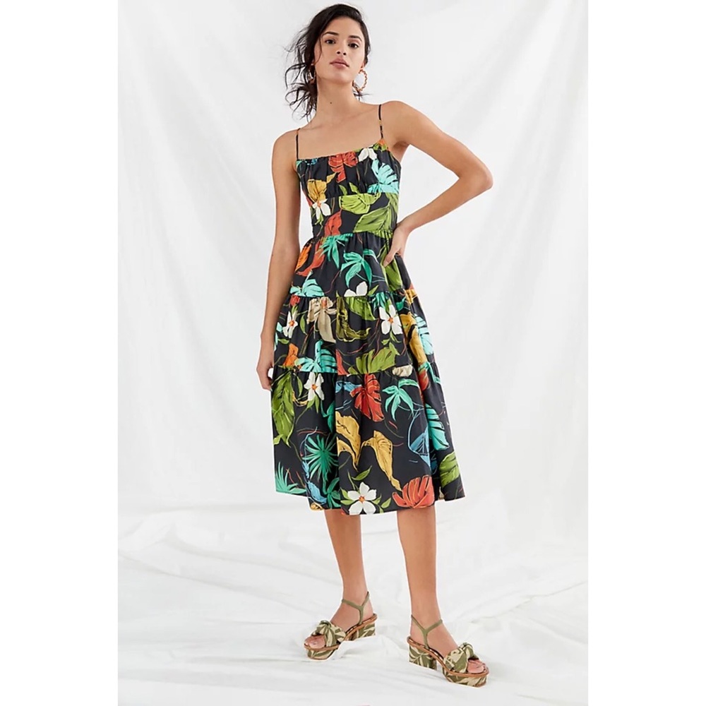 RARE NWT ANTHROPOLOGIE DELFI BOTANICAL PALMS TIERED MIDI DRESS - Picture 7 of 9